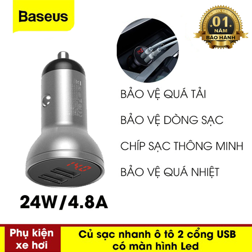 Tẩu Sạc Điện Thoại Mini Trên Xe Hơi 2 Cổng USB 24W / 4.8A Hỗ Trợ Sạc Nhanh - Hàng Chính Hãng Baseus