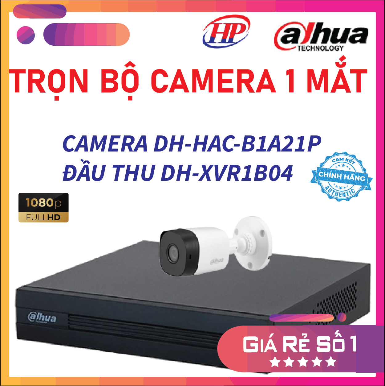 Trọn bộ 1 camera DH-HAC-B1A21P Đầu thu 4 cổng XVR1B04 đầy đủ phụ kiện, Hàng chính hãng