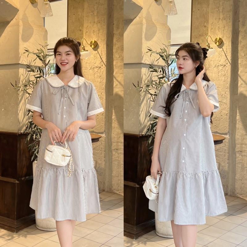 Đầm Bầu Công Sở Kẻ Sọc Phom Đuôi Cá Phối Viền Tay Trẻ Trung Chất Cotton Mềm Mát Mẻ Cho Mùa Hè - Đen
