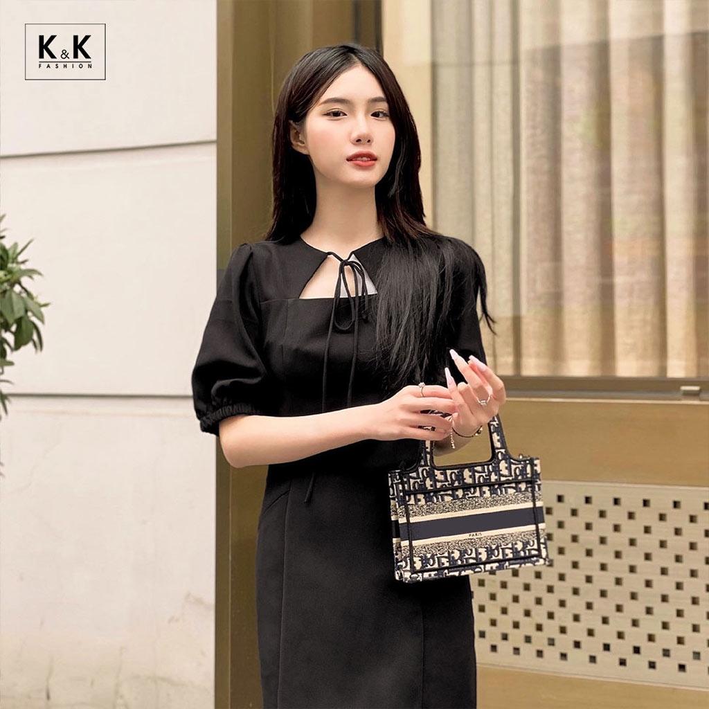 Đầm Đen Công Sở Cổ Cut Out Tay Lửng K&K Fashion KK119-30 Chất Liệu Tuyết Mưa