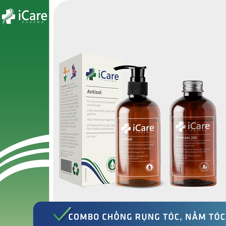 Combo Phục Hồi Tóc Hư Tổn, Ngăn Ngừa Rụng Tóc - Bộ Đôi Chăm Sóc Hoàn Hảo Dermato 200 &amp; Antisol | Thương Hiệu iCare Pharma