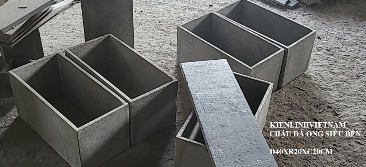 Chậu trồng cây cảnh đá tự nhiên mộc mạc, hình chữ nhật, màu xám trồng cây ban công, văn phòng bền đẹp KT D40xR20xC20cm