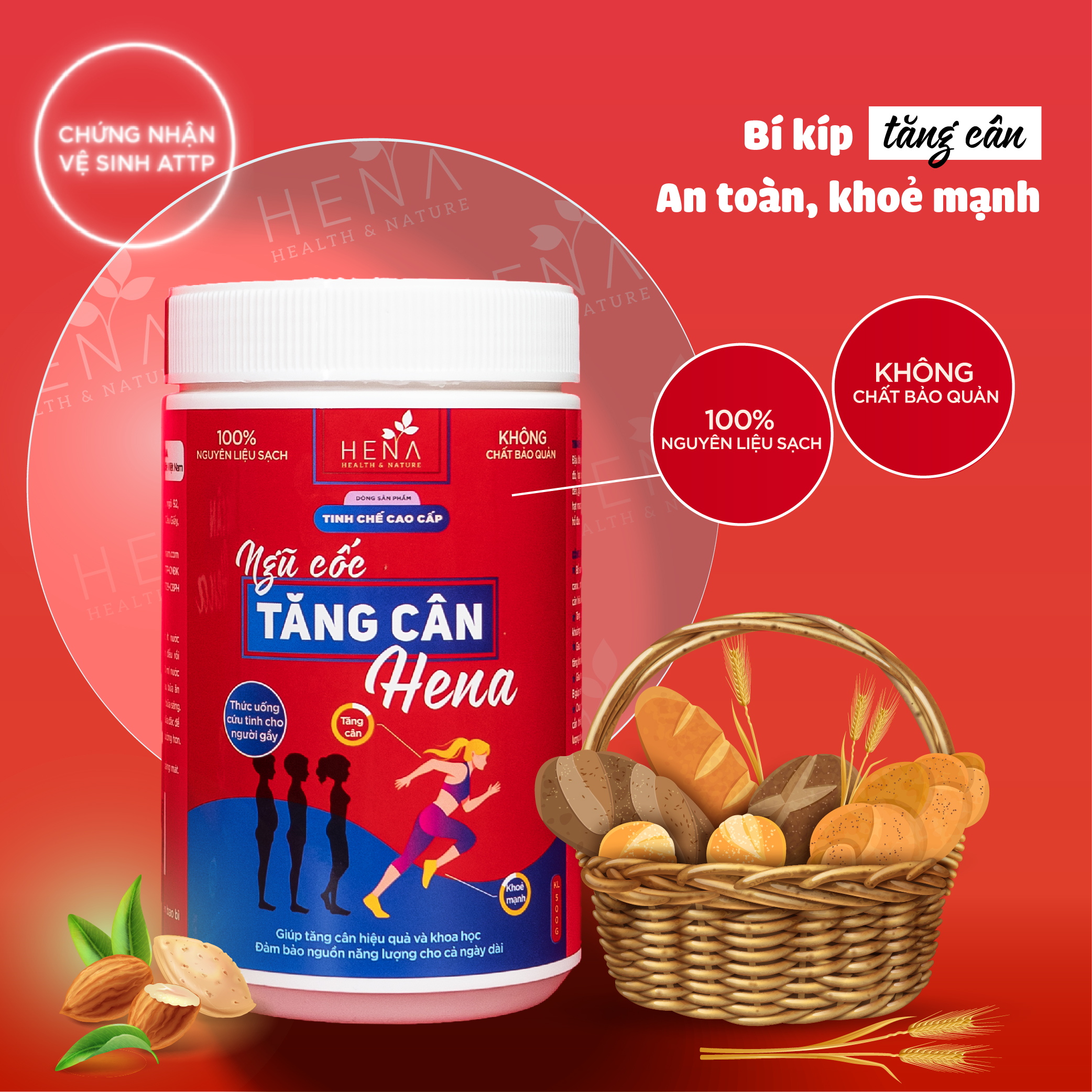 Ngũ Cốc Tăng Cân Hena 500g - Bột Ngũ Cốc Tăng Cân từ hơn 11 loại Hạt Hữu Cơ - 100% Tự Nhiên - Hỗ Trợ Tăng Cân Cho Người Gầy, Người Tập Gym, Trẻ Em Chậm Lớn - Sản Phẩm Chính Hãng