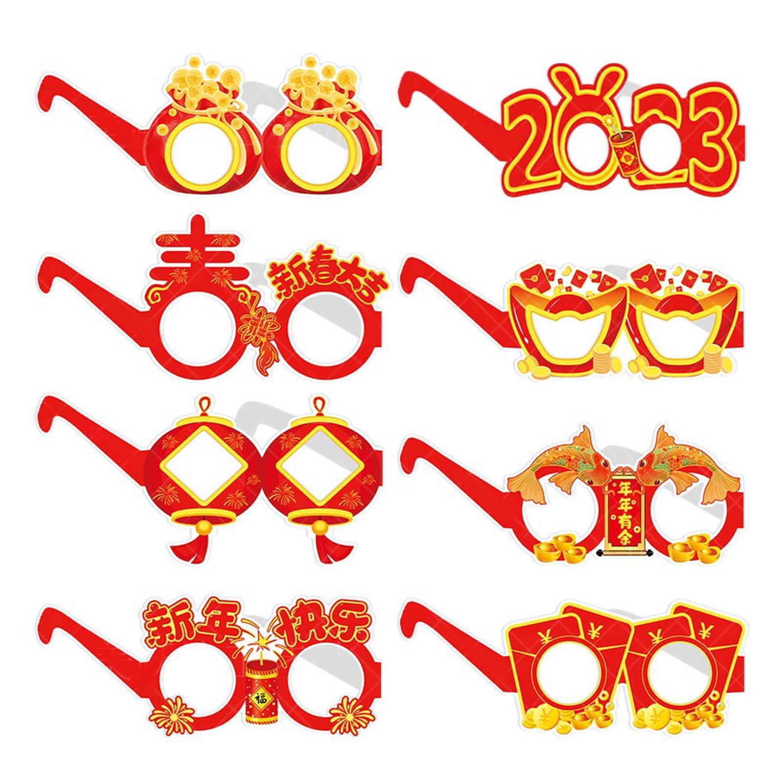 8x Cute New Year Photo Glasses Booth Props Frame Paper Prop Party Adults Kids Accessories