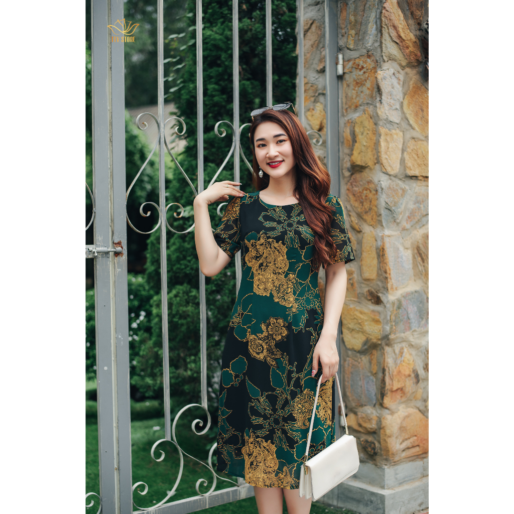 Đầm suông thiết kế trung niên sang trọng Cổ tròn tay ngắn màu Đen họa tiết TTV STORE TTV1117