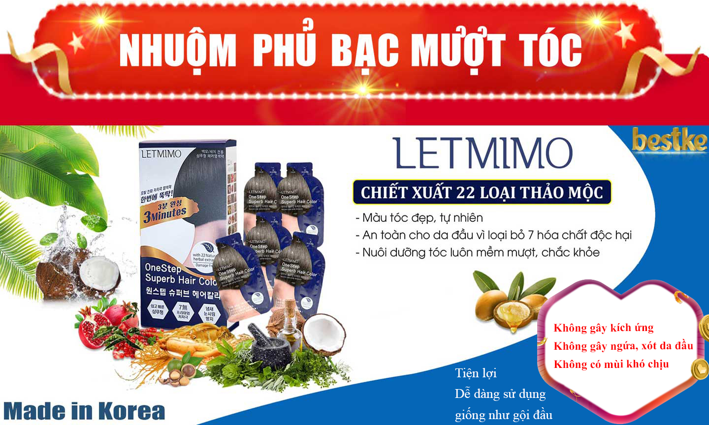 Thuốc Nhuộm tóc, màu nhuộm tóc, gội là đen, từ 22 Thành Phần Thảo mộc Letmimo, 2N Nâu Đen, Hộp 5 Gói, mỗi gói 24g + Quà tặng 1 Cái khăn Gội Cotton KT 83*33cm