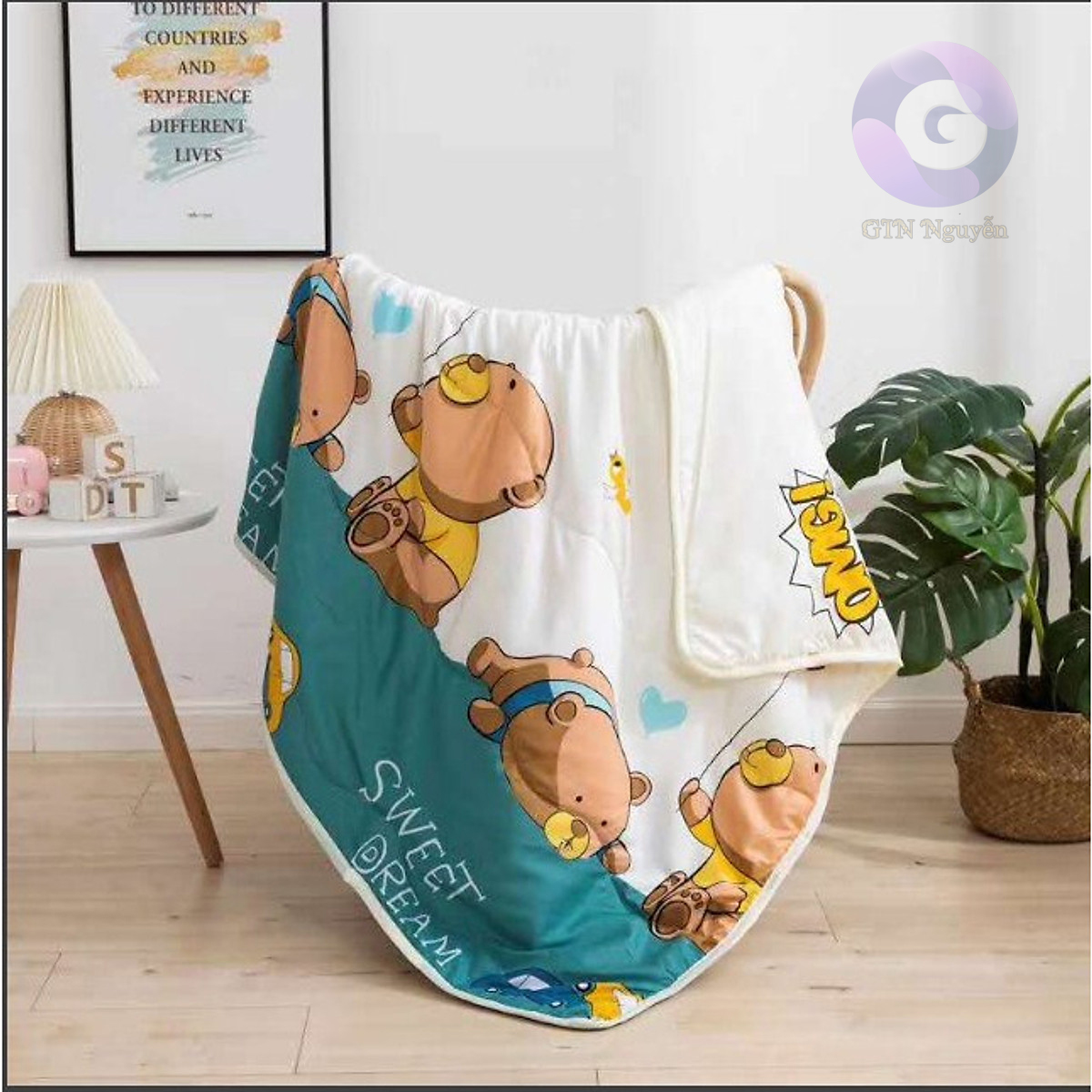 Chăn Cotton Đũi Trẻ Em 1M1x1M35 Mền Gấu Nâu Luôn Được Các Bé Yêu Thích - Tặng 10 chiếc chun