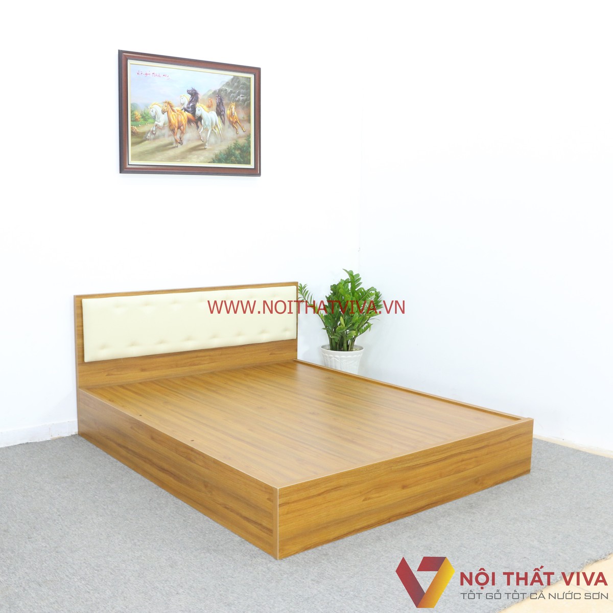 Giường Ngủ Gỗ MDF Melamine Màu Vàng Vân Gỗ Có Đầu Nệm Kem Đẹp Hiện Đại
