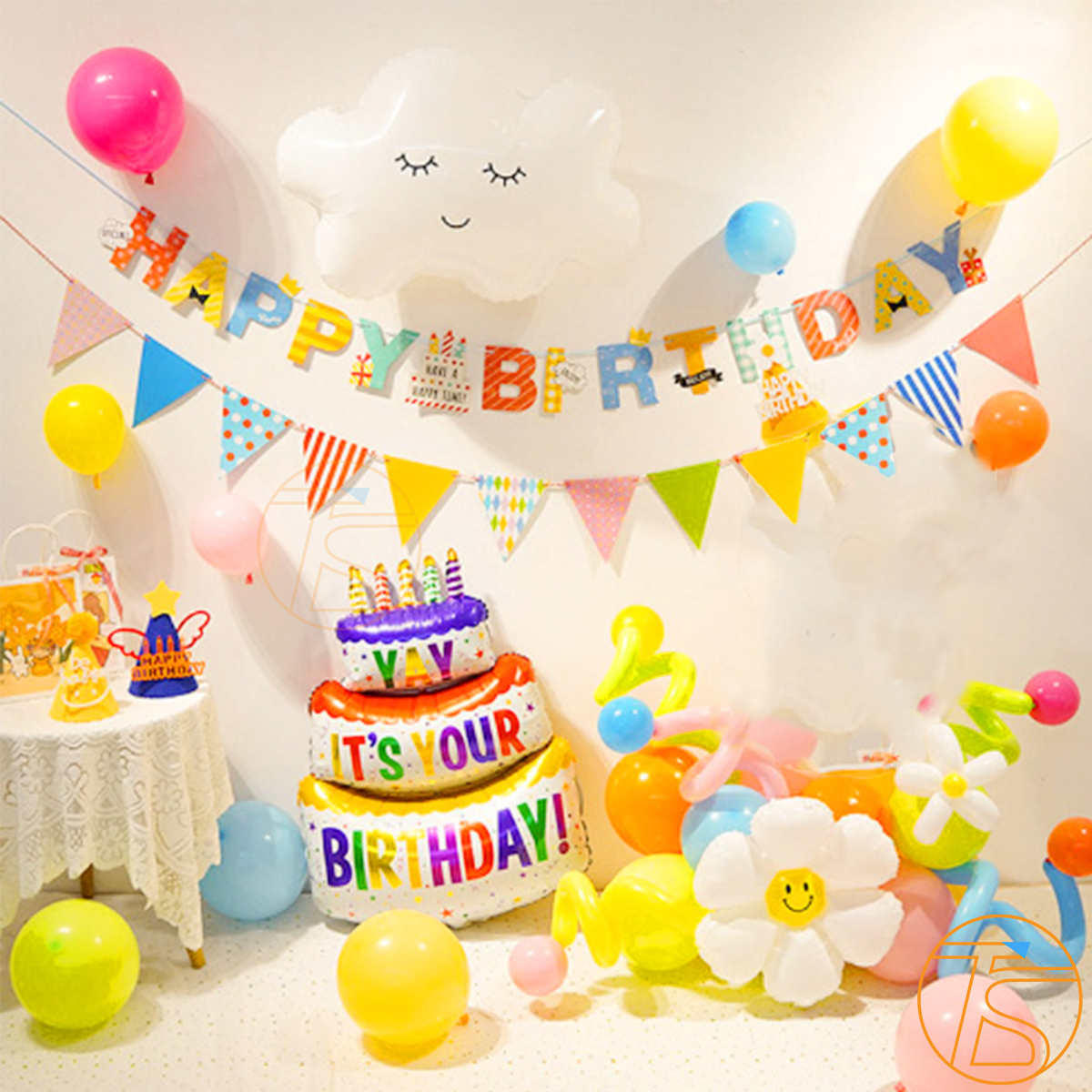 Set trang trí sinh nhật bong bóng hình bánh kem cùng bộ chữ giấy Happy Birthday nhiều màu sắc cho bé kèm theo ống bơm