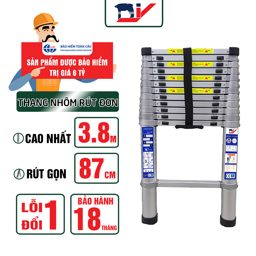 Thang nhôm rút đơn cao cấp DIY TL-I-38A chiều cao sử dụng tối đa 3.8M