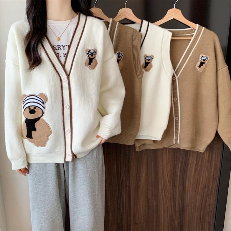 Áo khoác len nữ THU ĐÔNG Cardigan THÊU GẤU ĐEO KHĂN vải dày dặn cực xịn xò