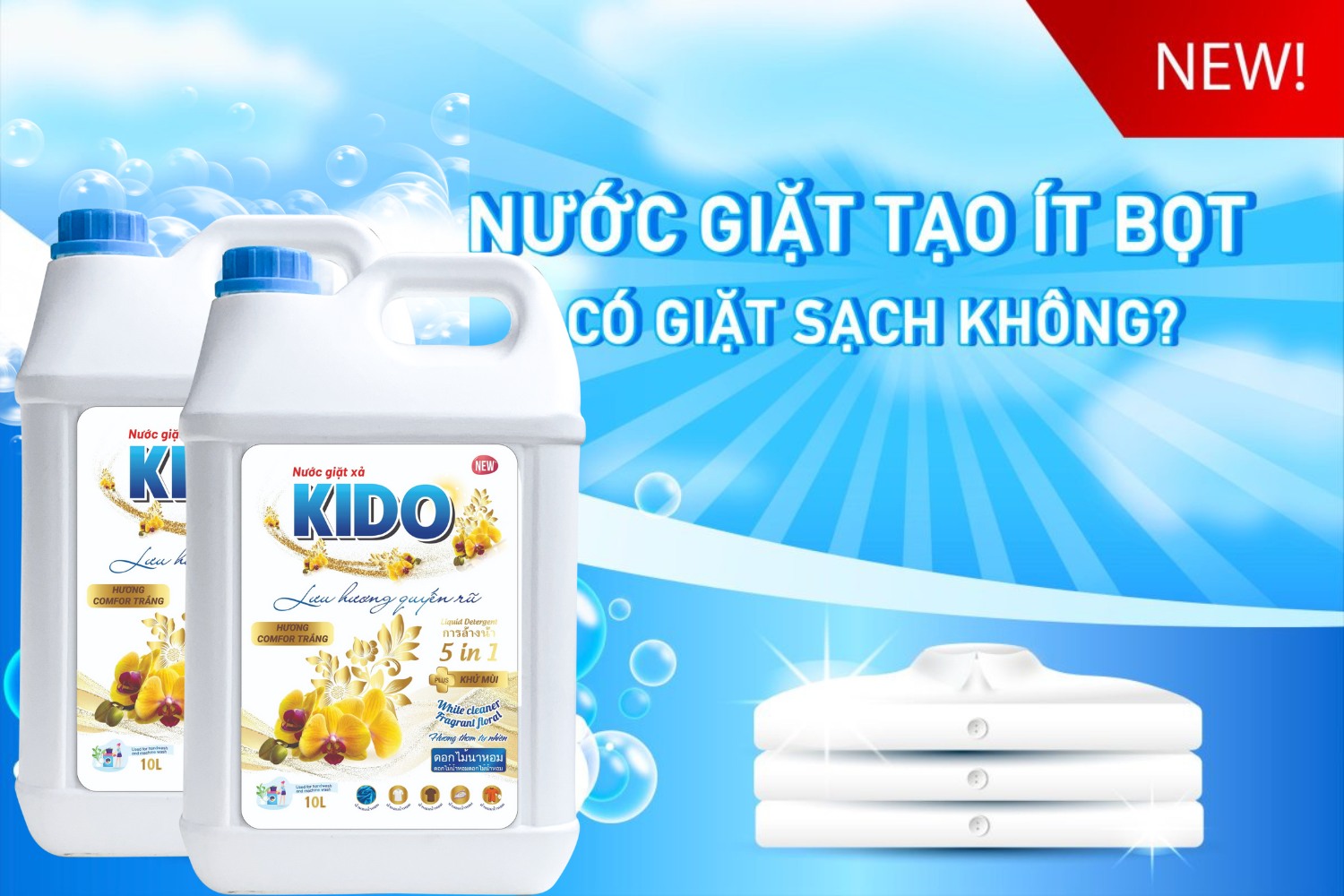Nước Giặt Xả KIDO Hương Comfor Trắng 10 Lít Lưu Hương Thơm Bền Lâu,Giữ Trọn Mùi Hương Trên Quần Áo