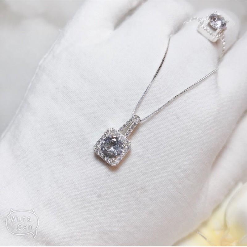 Bộ trang sức đính đá vuông trẻ trung 3 món dây chuyền-nhẫn-bông tai chất liệu bạc ta cao cấp sáng đẹp