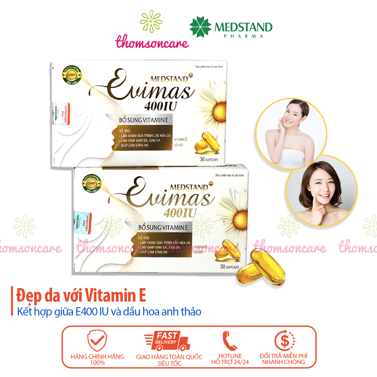  Medstand Evimas 400IU - Viên uống bổ sung vitaminE, kết hợp với tinh dầu hoa anh thảo - Đẹp da, ngăn ngừa lão hóa