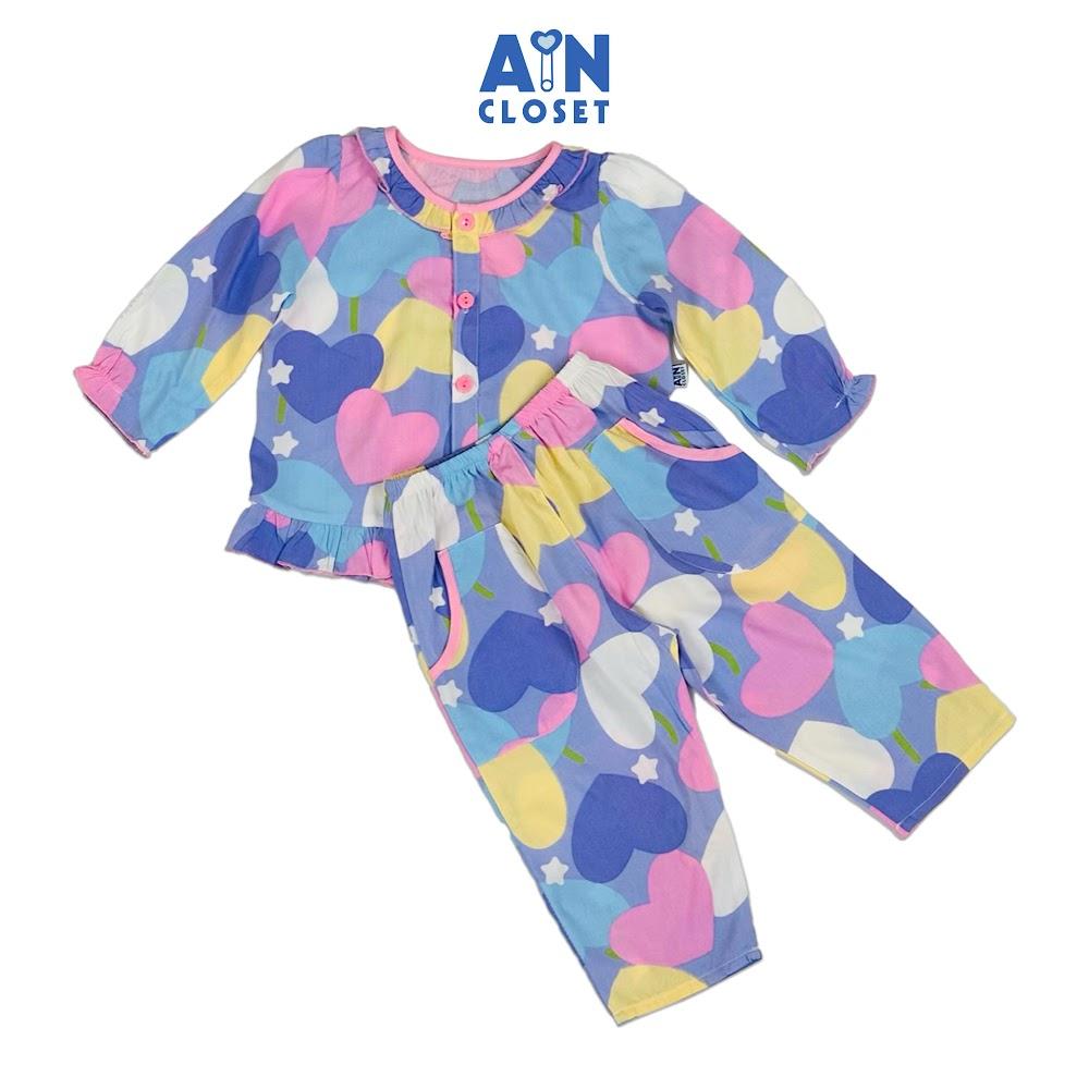 Bộ quần áo Dài bé gái họa tiết Tim Xanh Tím Lanh lụa. - AICDBGKDXDV6 - AIN Closet