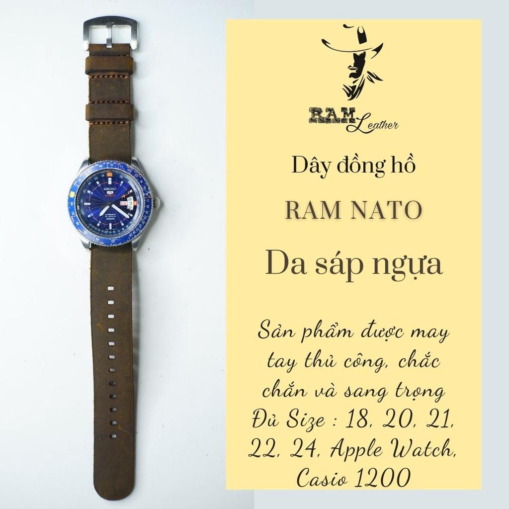 Dây nato da bò sáp ngựa điên cực đẹp cho seiko 5 quân đội - RAM - Tặng khóa chốt + cây thay dây