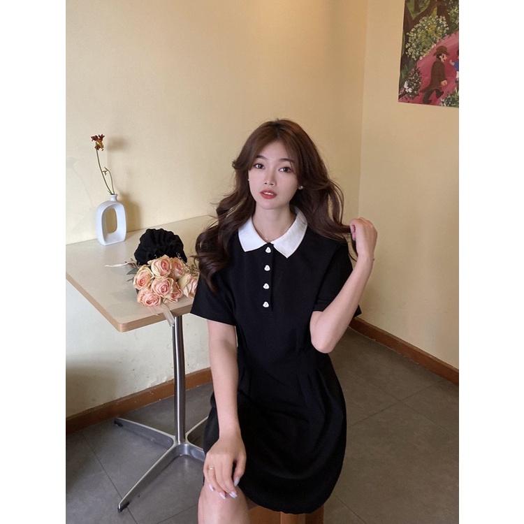 Đầm Polo Nữ Cổ Phối Trắng Dáng Xòe Váy Nữ Cộc Tay Triết Eo Vải Borip Gân