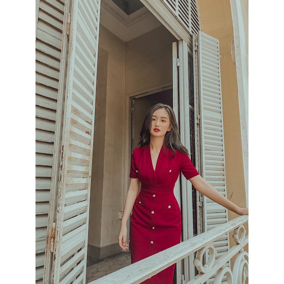 Heris Dress | Đầm body tay ngắn viền phối nút Story.clothes thời trang nữ Tết xinh