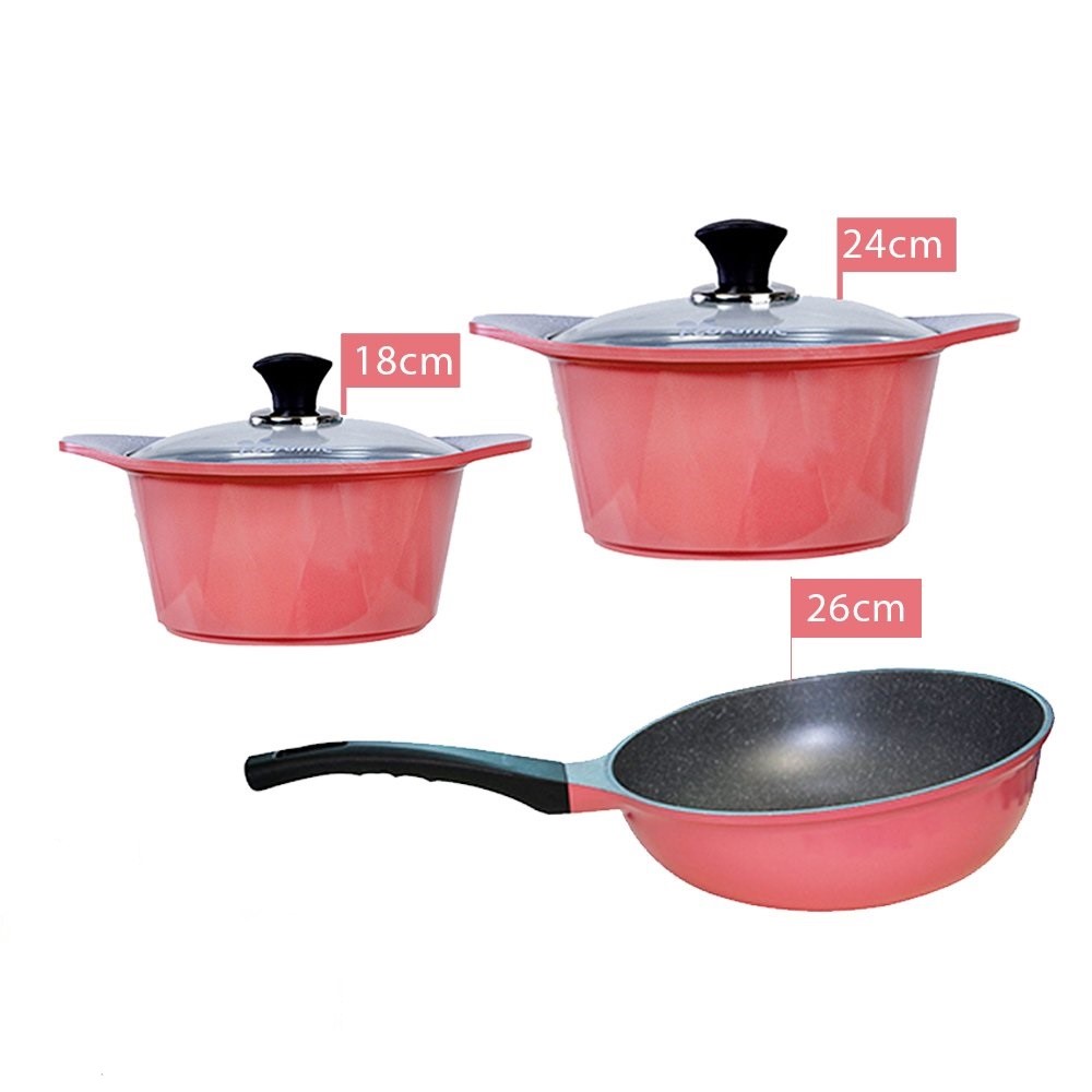 Combo 3 món cao cấp, bộ 2 nồi đúc ceramic 2 tay cầm (size 18-24cm) màu hồng  và Chảo đúc chống dính vân đá Hàn Quốc sâu lòng size 26cm màu hồng - Hàng chính hãng