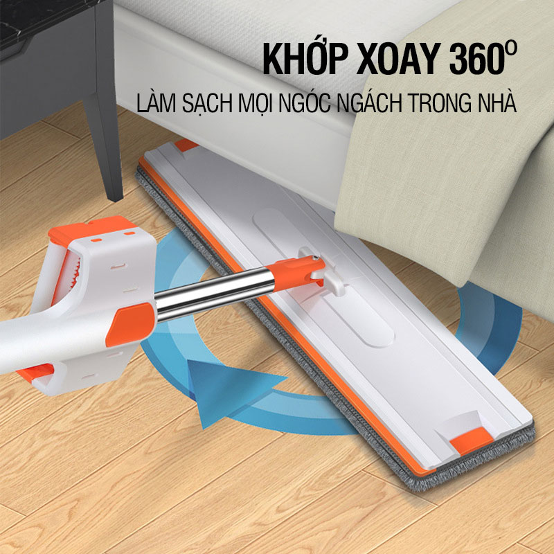 Cây lau nhà tự vắt Kitimop-White bàn lau lớn 42cm, con lăn trợ lực, thanh thép không gỉ, khớp xoay 360 độ, 2 bông lau