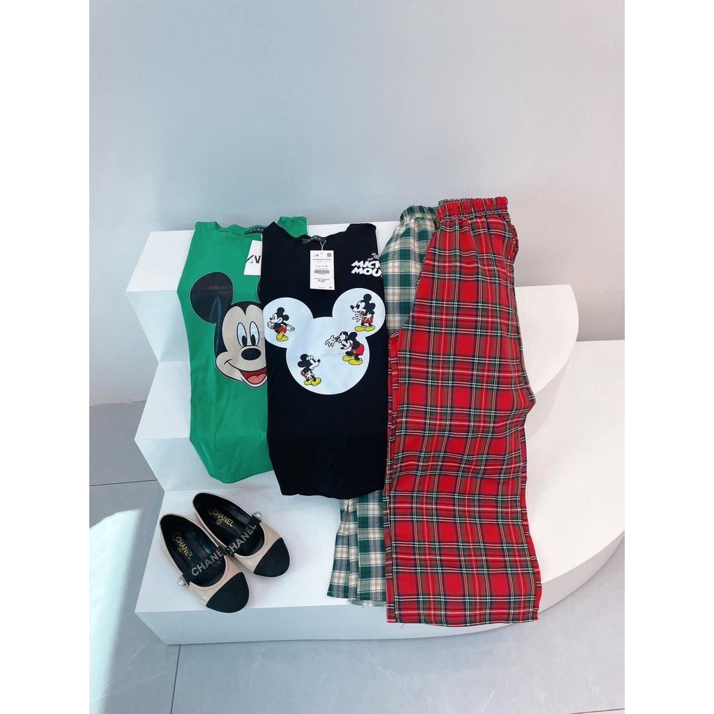 Set bộ nữ áo mickey + quần suông kẻ caro bigsize dễ thương cute