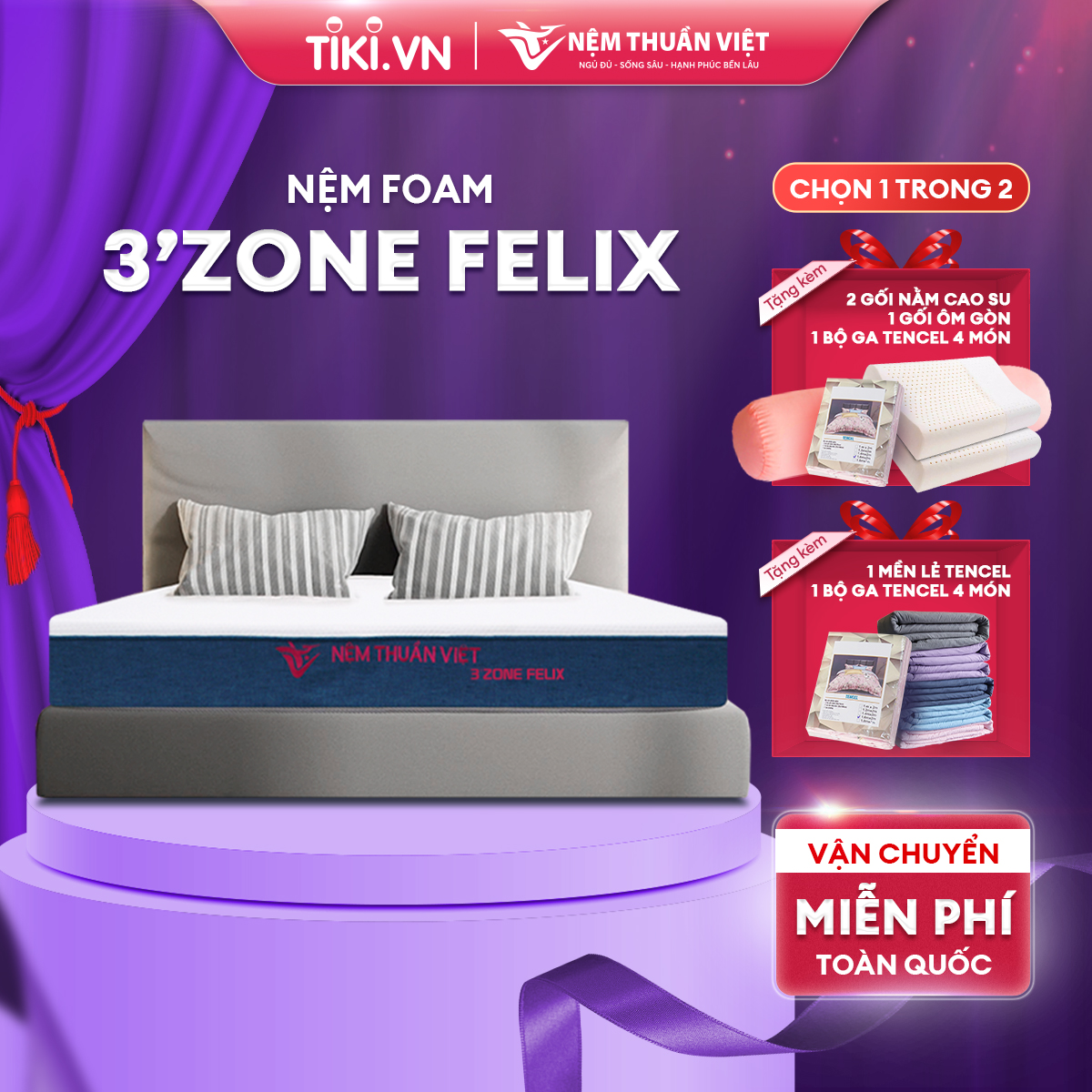 (1m6x2mx17cm) Nệm Foam Phân Vùng Thuần Việt 3'zone Felix - Miễn Phí Vận Chuyển, Bảo Hành 12 Năm, Trả Góp 0%