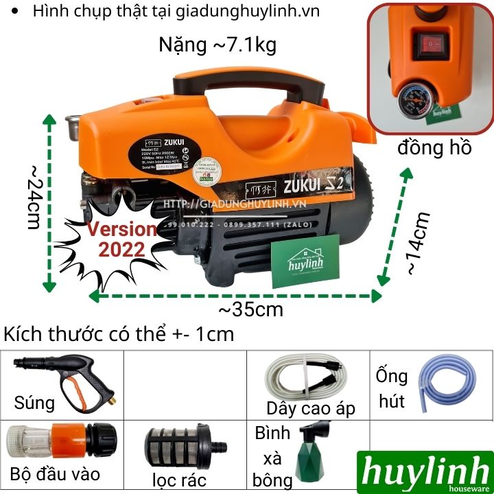 Máy xịt rửa xe cao áp Zukui S2 - 2000W - Áp lực 120 bar - Motor từ - Hàng chính hãng