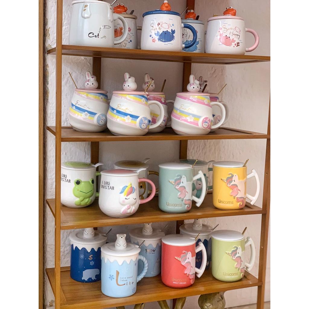 Cốc sứ Vịt vàng có nắp có thìa - Cốc uống nước họa tiết cat fish dễ thương - quà tặng văn phòng