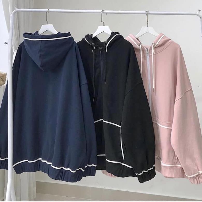 Áo Khoác Hoodie Quây Viền Tay Bồng, Áo Nỉ Nữ Khóa Kéo Kèm Mũ, Áo Jacket Viền Trắng 3 Màu ĐEN XAN