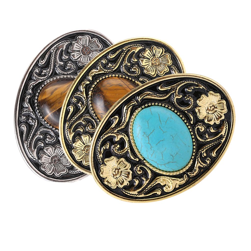 Retro Style Cowboy Belt Buckle Turquoise Stone Buckle 9x7cm Antique Silver