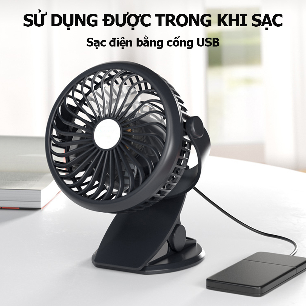 Quạt mini tích điện Doublepow 3 cấp độ gió, dung lượng pin 2000mAh, xoay 720° phù hợp với học sinh sinh viên, dân văn phòng, lái xe, trẻ nhỏ- Hàng nhập khẩu