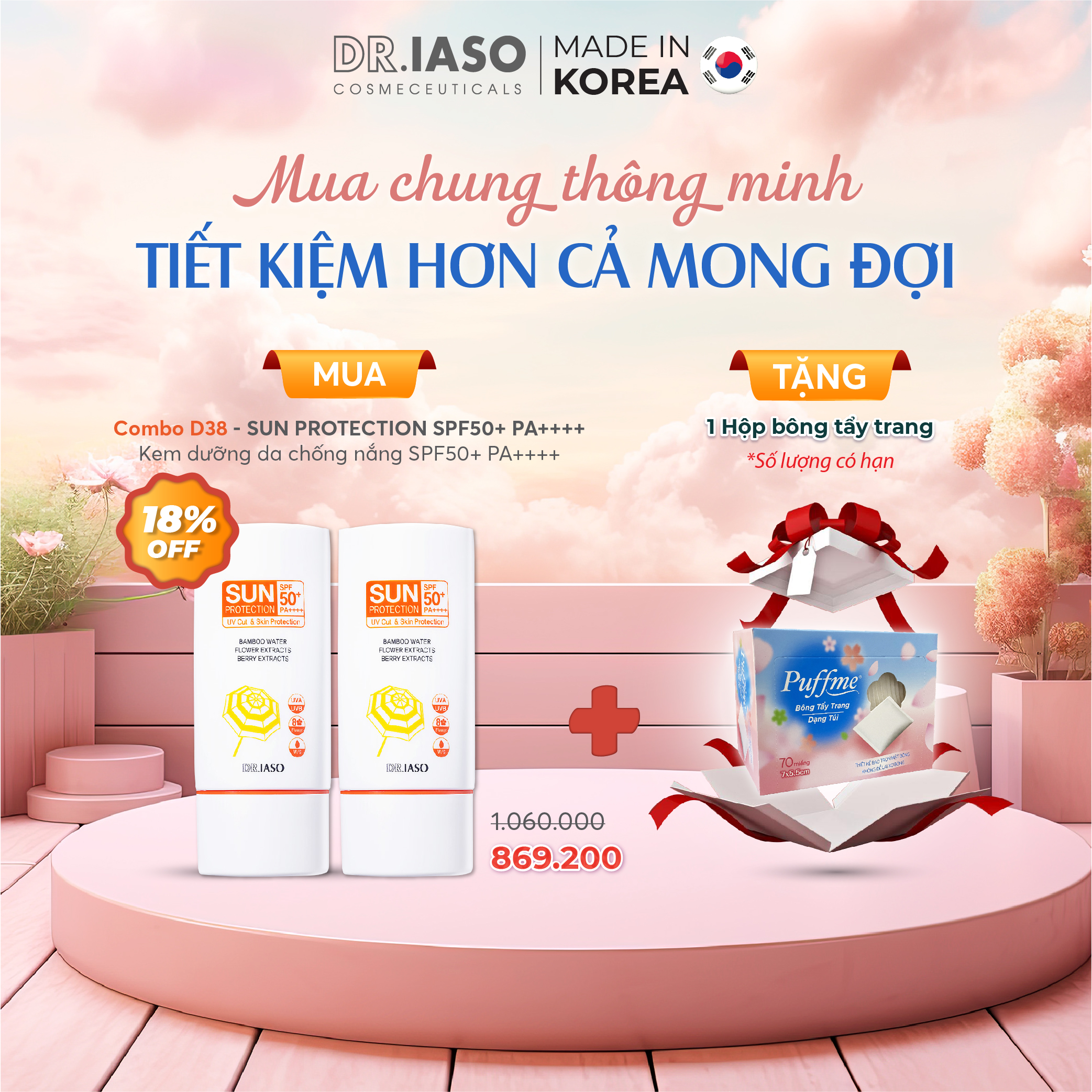 Combo 2 D38 Kem dưỡng da chống nắng Dr IASO Sun Protection Spf50+/Pa++++ 60ml