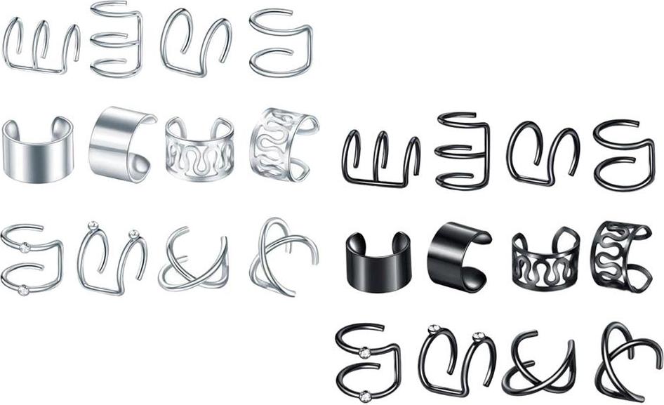 12 Pairs Ear Cuff Helix Ear Clip On Wrap Earrings Unisex Silver Black
