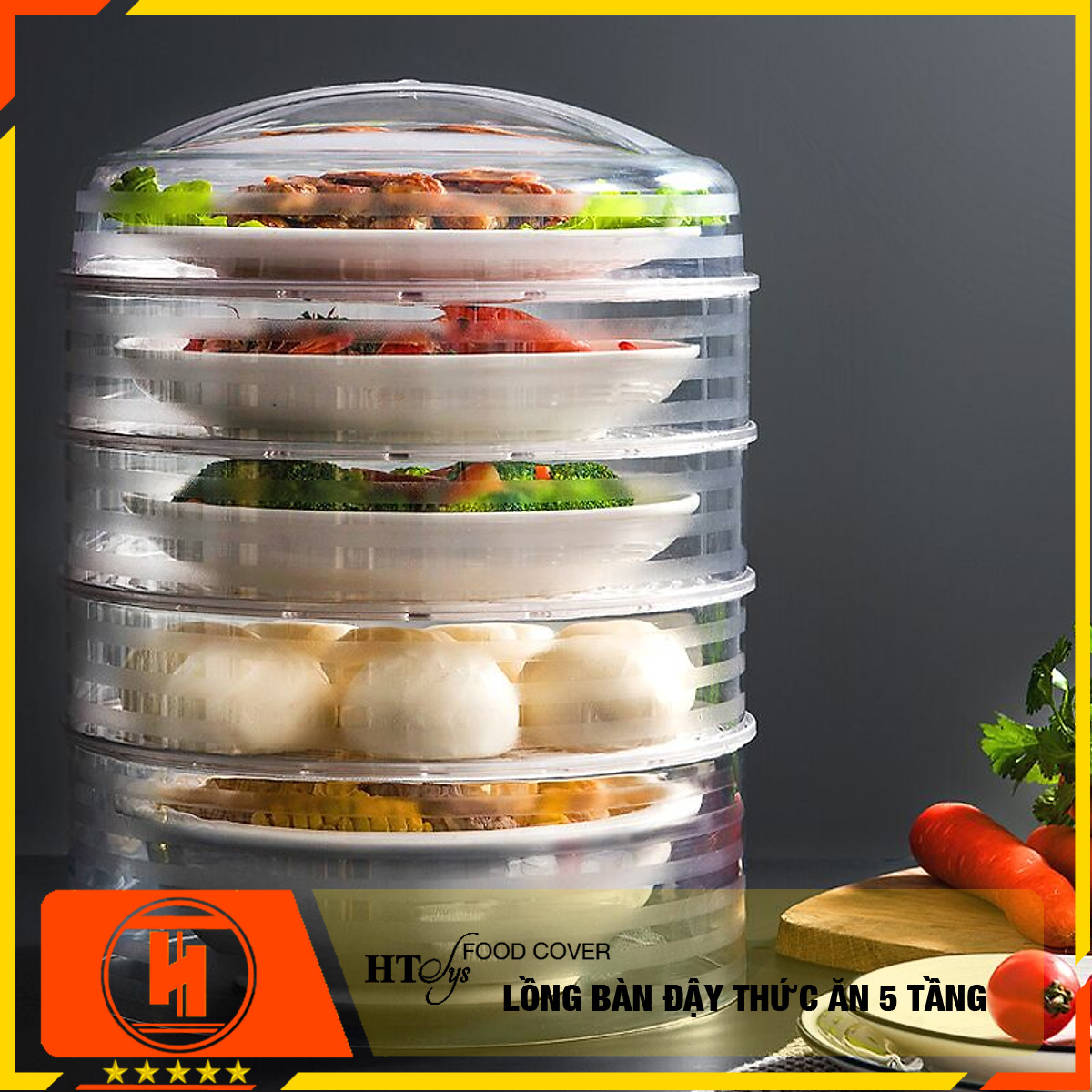 Lồng bàn đậy đồ ăn HT SYS - Food Cover - 5 tầng - Chất liệu PP trong suốt - Hình trụ