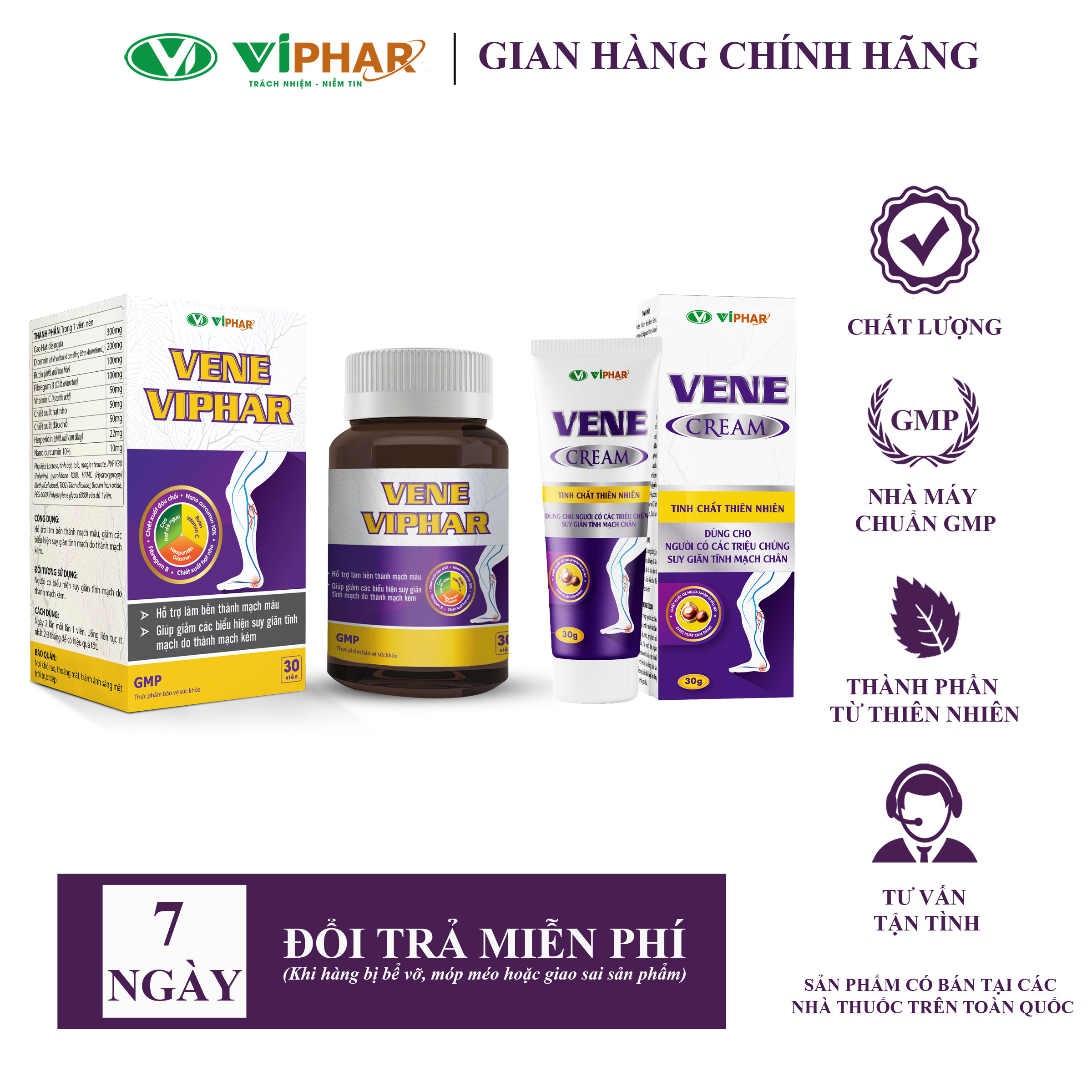 Trong Uống Ngoài Bôi Giảm Đau Nhức, Mờ Gân Xanh, Hộp 30 Viên + Kem 30g Vene Viphar