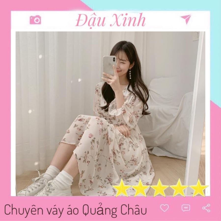 Váy hoa nhí dáng dài xòe nhẹ hàn quốc cổ v chất voan lụa 2 lớp chun eo siêu sinh - 110cm - 065