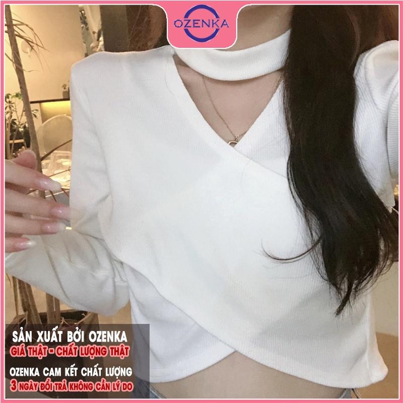 Áo croptop tay dài cổ v đắp chéo, áo thu đông nữ đẹp len tăm cotton cao cấp màu đen trắng free size dưới 50 kg