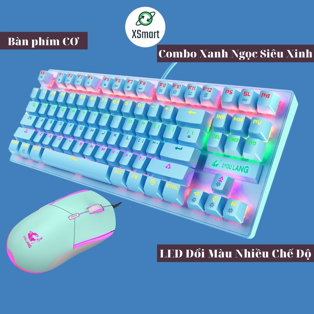 Bộ bàn phím CƠ kèm chuột XSmart màu Xanh Ngọc cực độc có LED RGB đổi màu nhiều chế độ cho máy tính laptop pc K2+V7 XANH - Hàng Chính Hãng