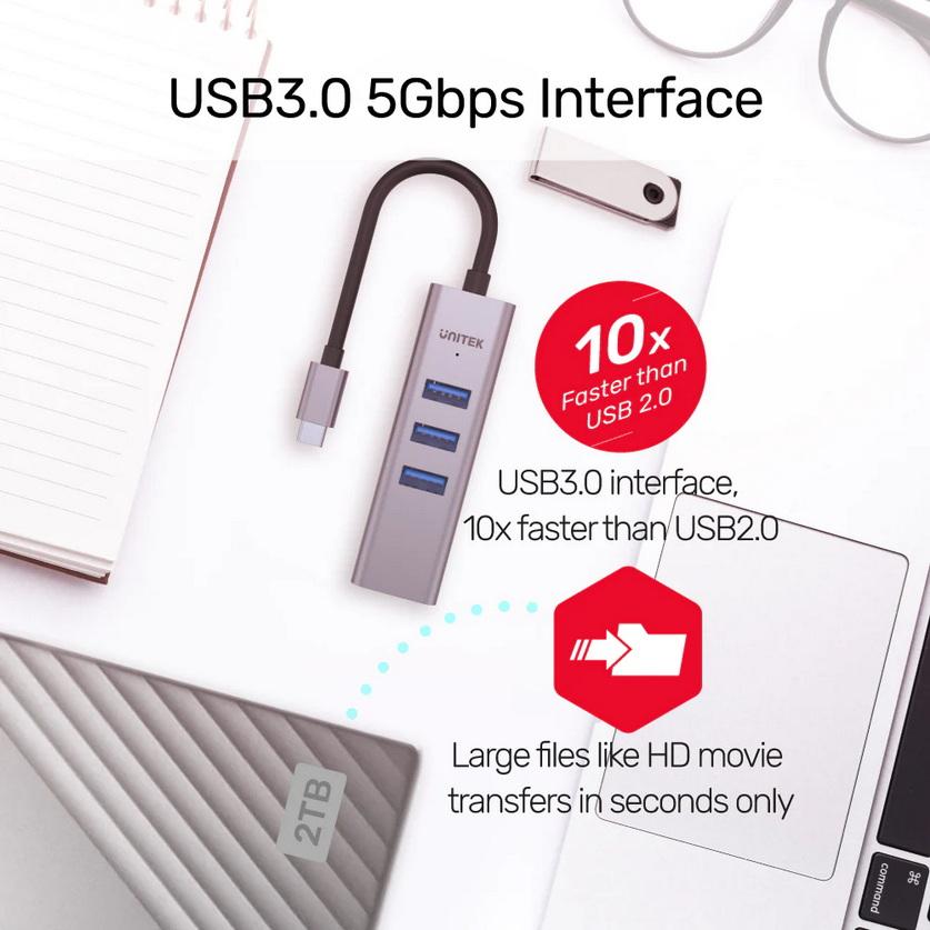 CÁP TYPE-C -&gt; 3 USB 3.0 + LAN UNITEK H1904A - HÀNG CHÍNH HÃNG