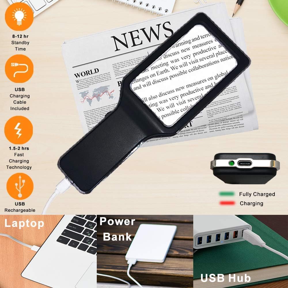 Kính lúp cầm tay đọc sách cao cấp Magnipros ED-13 (4x, 10 đèn LED chống chói, điều chỉnh độ sáng, Pin sạc lại) (Hàng chính hãng)
