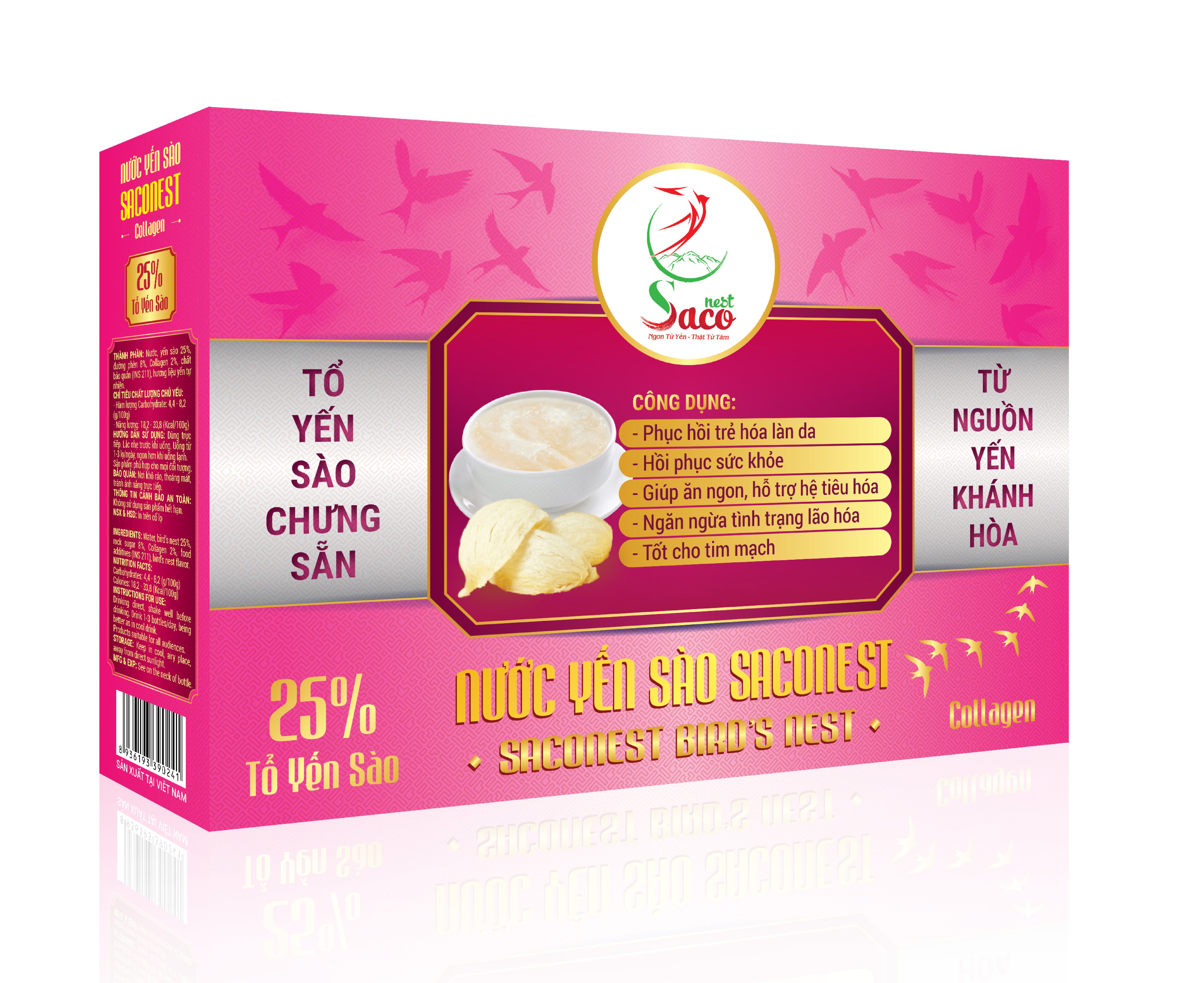 25% Yến Sào - Nước Yến Sào Cao Cấp Saconest Collagen 25% Yến Sào - Hộp 6 lọ , Lọ 70ml - Phục hồi trẻ hóa làn da