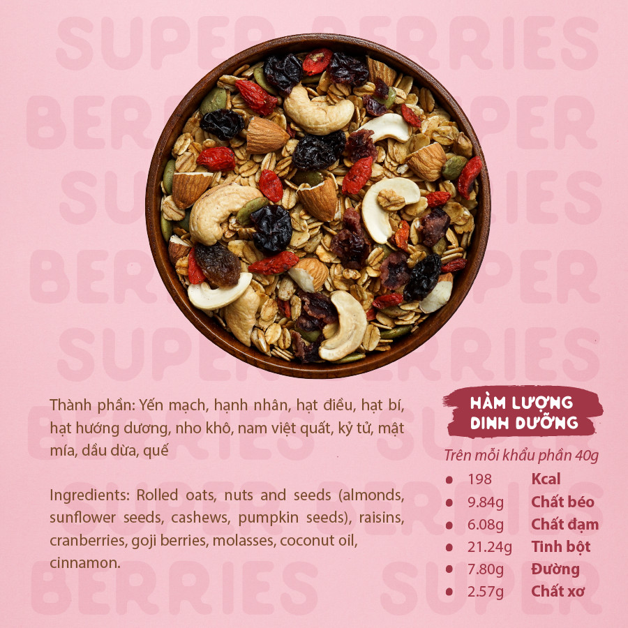 Ngũ Cốc Yến Mạch Nguyên Hạt Vị Quả Mọng 400G Không Đường Tinh Luyện - SUPER BERRIES GRANOLA HAPPI OHA - Ăn Kiêng/Ăn Sáng (Có Quả Khô)