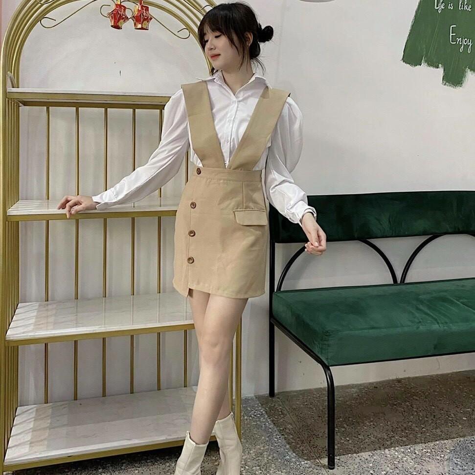 Sét Yếm Nude Kèm Sơmi Trắng Yếm Ngắn Dáng Chữ A Sơmi Tay Dài