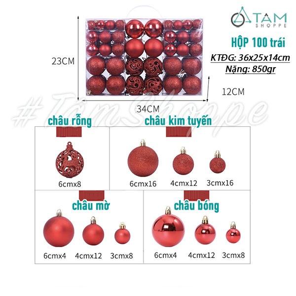 Hộp 100 trái châu Noel 4 kiểu Đk3-4-6cm treo cây thông Noel X-TRCH-20