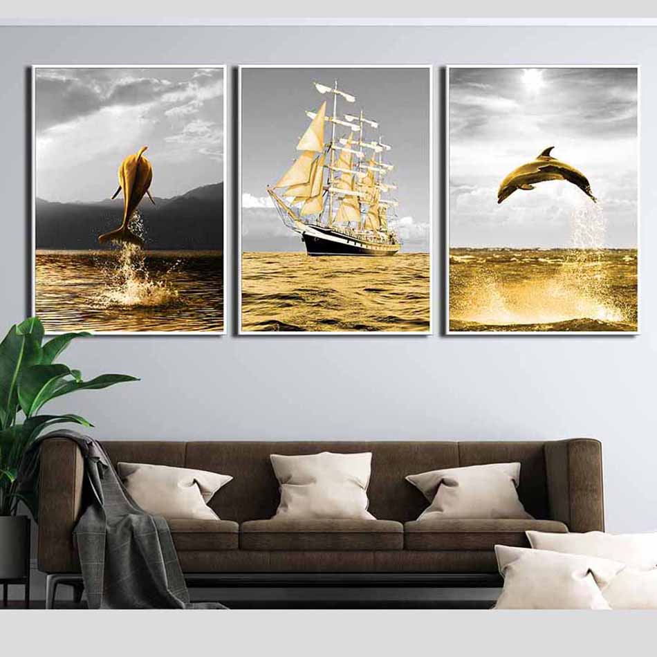 Bộ 3 tranh canvas treo tường decor con thuyền, biển và cá heo vàng DC007 50x70cm x3c