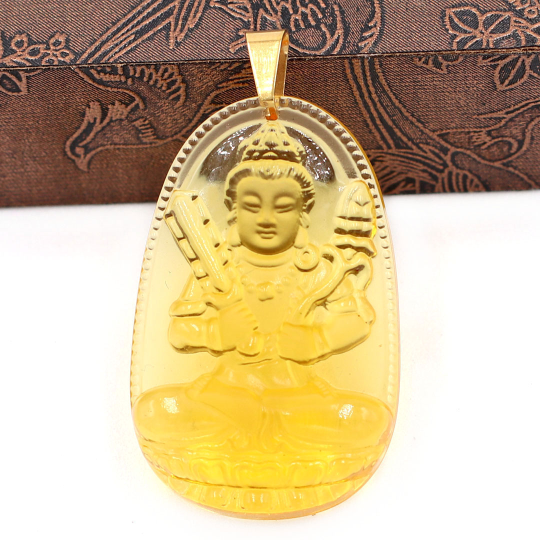 Mặt phật Hư Không Tạng thủy tinh vàng 3.6cm - phật bản mệnh tuổi Sửu, Dần - Móc inox