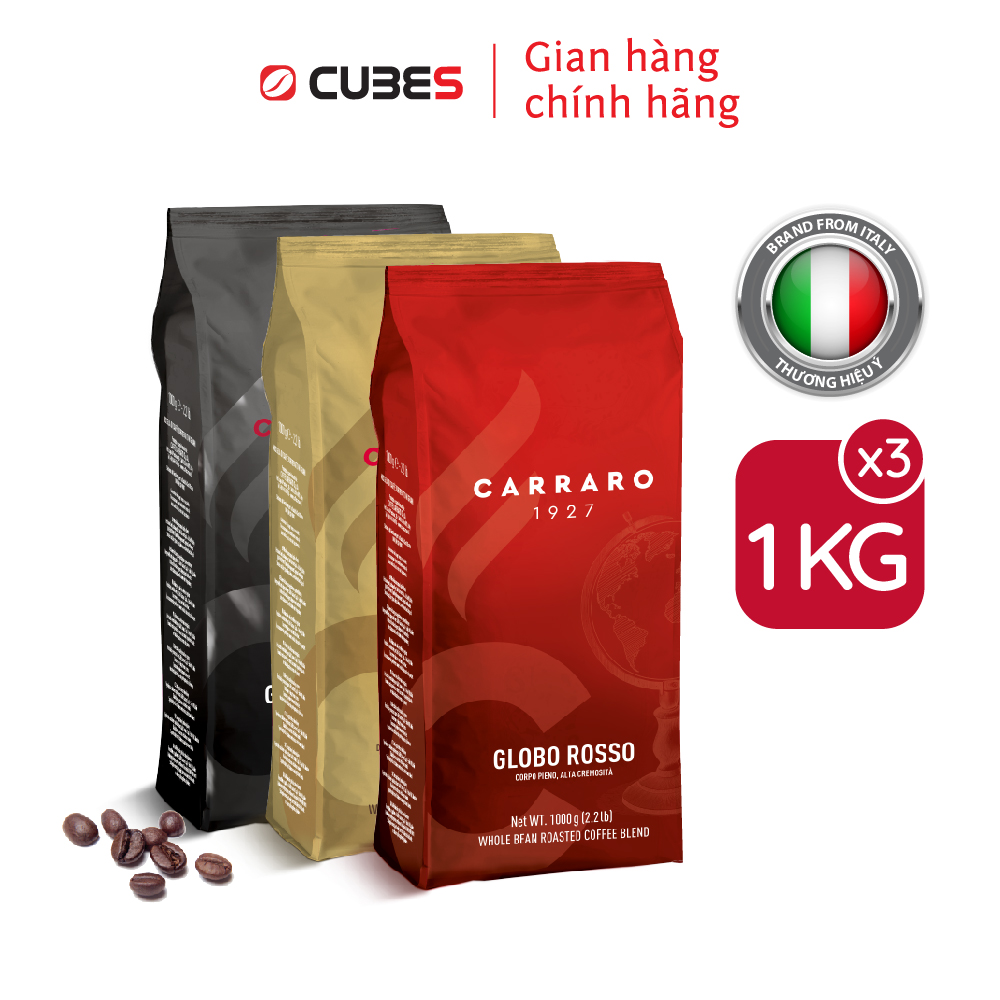 Combo 3kg Cà phê hạt Carraro Rosso, Oro, Arabica- Nhập khẩu chính hãng 100% từ thương hiệu Carraro, Ý 