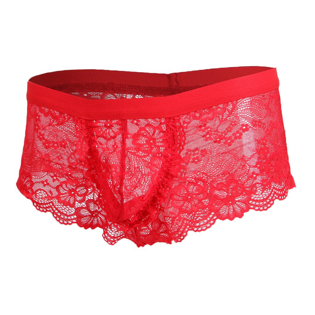 Sexy Men sheer Lace See Through Panties Briefs Underwear Lingerie Red