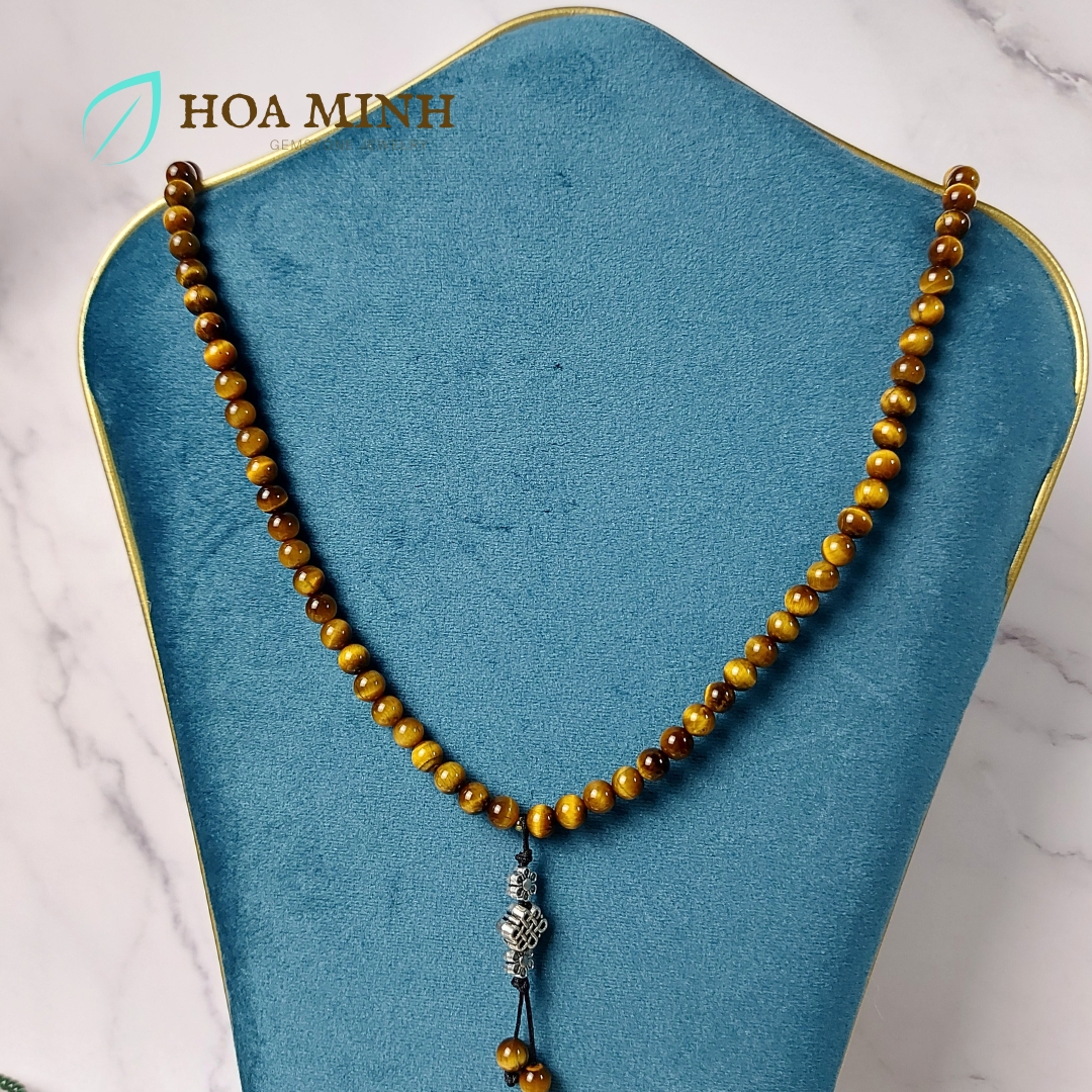 Vòng tay đá Mắt Hổ vàng nâu VIP 5A tự nhiên chuỗi 108 hạt size 6 li phối charm cát tường hoa mai bình an, lộc phát