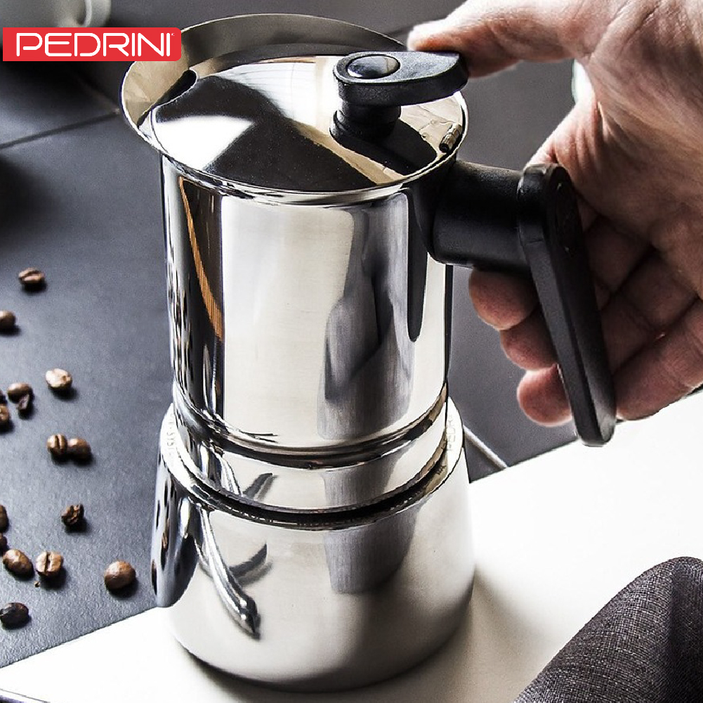 Ấm pha cà phê PEDRINI Steel Moka Induction - Stainless steel 18/10 - 4 cup/ 6 cup - Sử dụng được cho bếp từ.